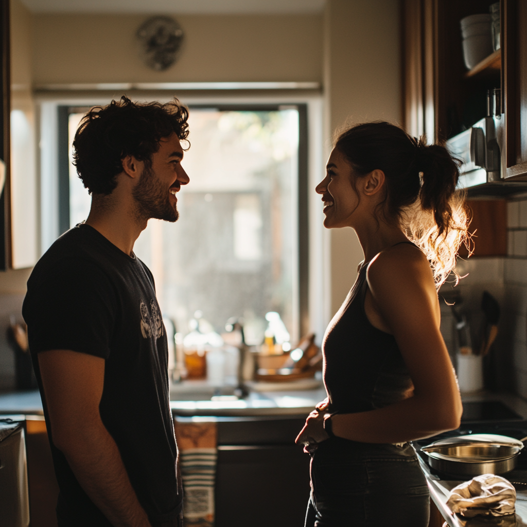 Un couple se tient dans la cuisine et parle | Source : Midjourney