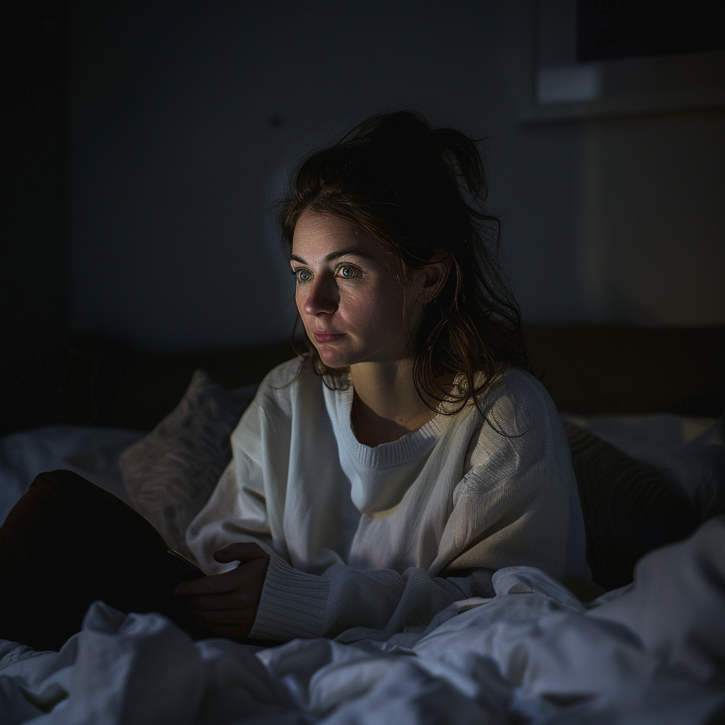 Une femme assise dans son lit la nuit, en train de contempler | Source : Midjourney