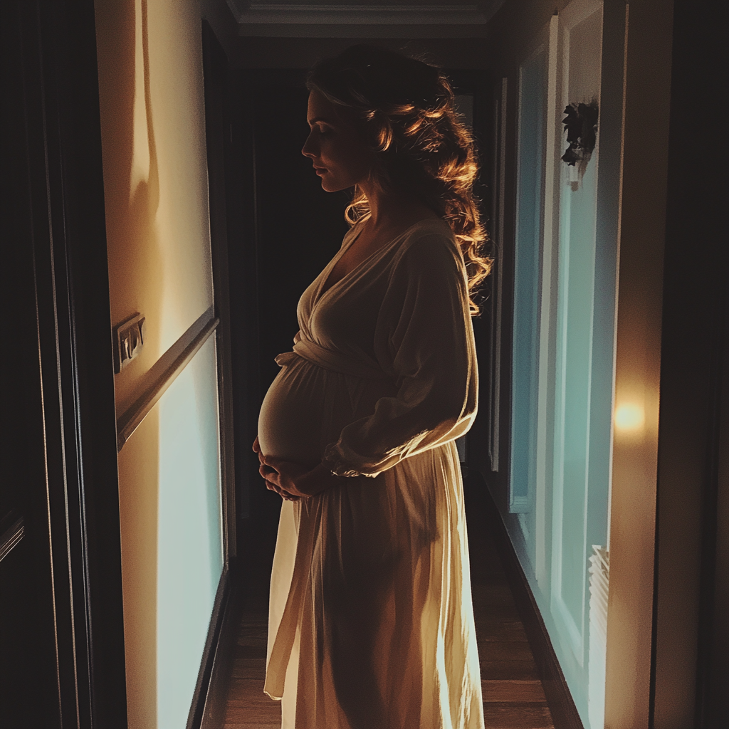 Une femme enceinte debout dans un couloir | Source : Midjourney