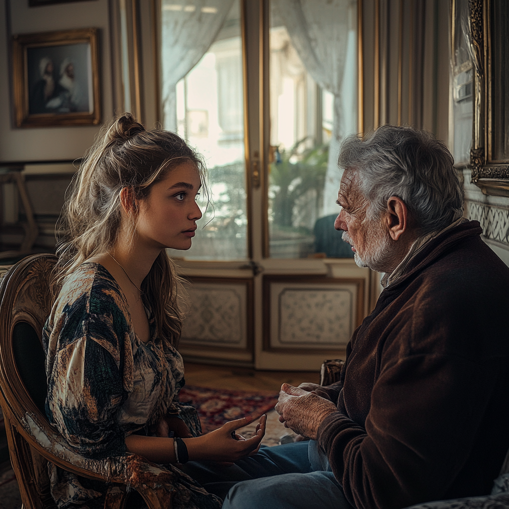 Un homme âgé et une jeune femme en pleine conversation | Source : Midjourney