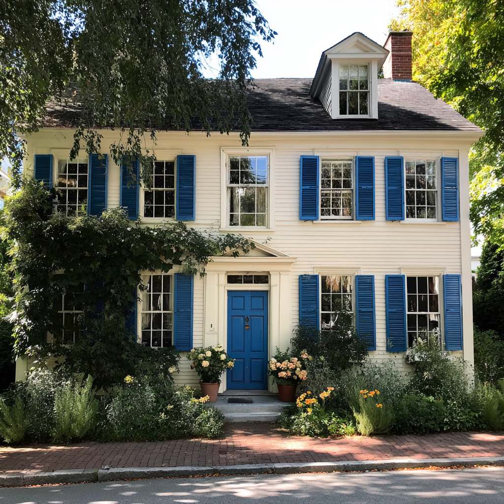 L'extérieur d'une maison avec des volets bleus | Source : Midjourney