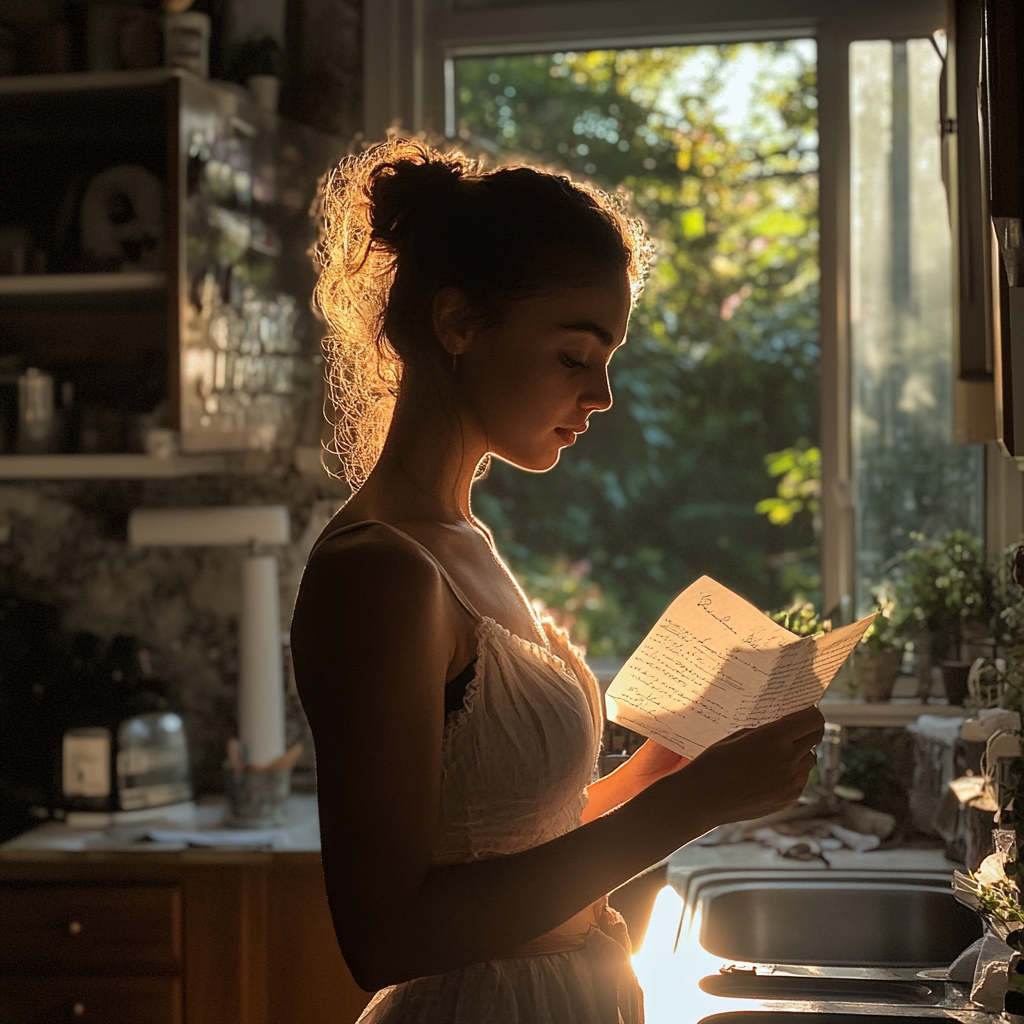 Femme lisant une lettre dans sa cuisine | Source : Midjourney