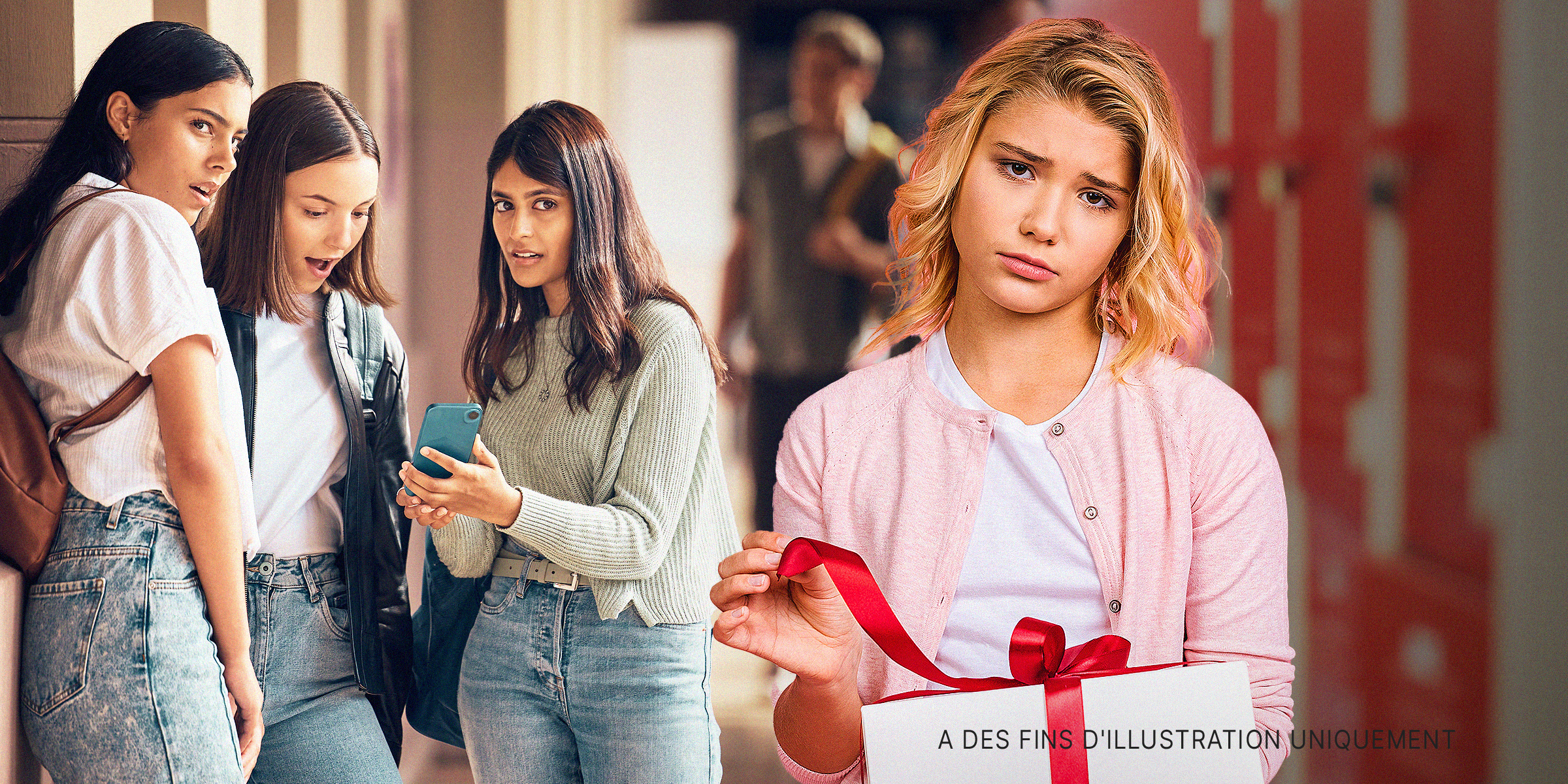 Trois filles regardant un téléphone surprises et une fille ouvrant un cadeau | Source : Shutterstock