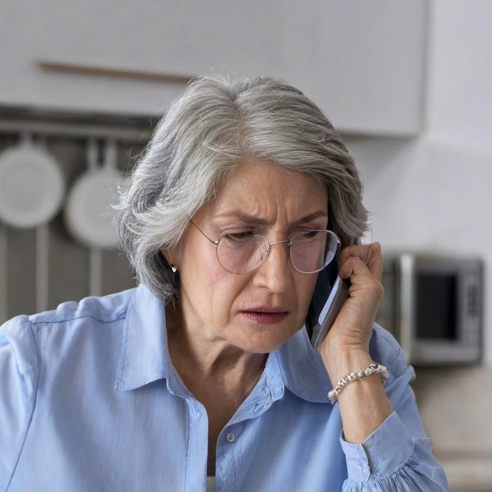 Une femme âgée qui parle au téléphone portable dans la cuisine, l'air pris de remords | Source : Midjourney