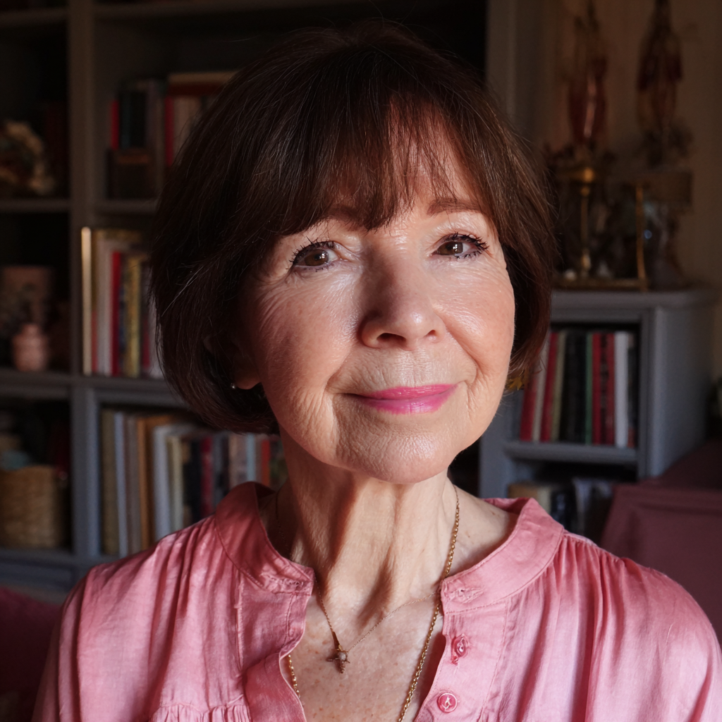 Une femme souriante vêtue d'un chemisier rose | Source : Midjourney