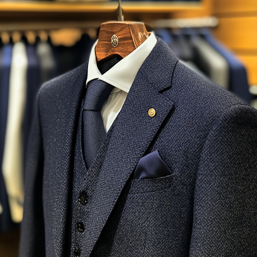 Un costume bleu marine sur un cintre | Source : Midjourney