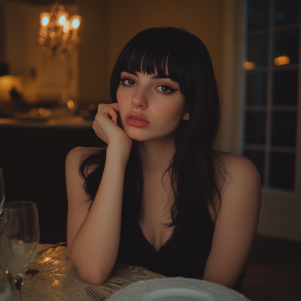 Une femme assise à une table de dîner | Source : Midjourney