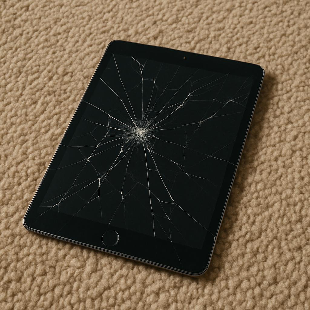 Une tablette posée sur un sol recouvert de moquette | Source : DALL-E