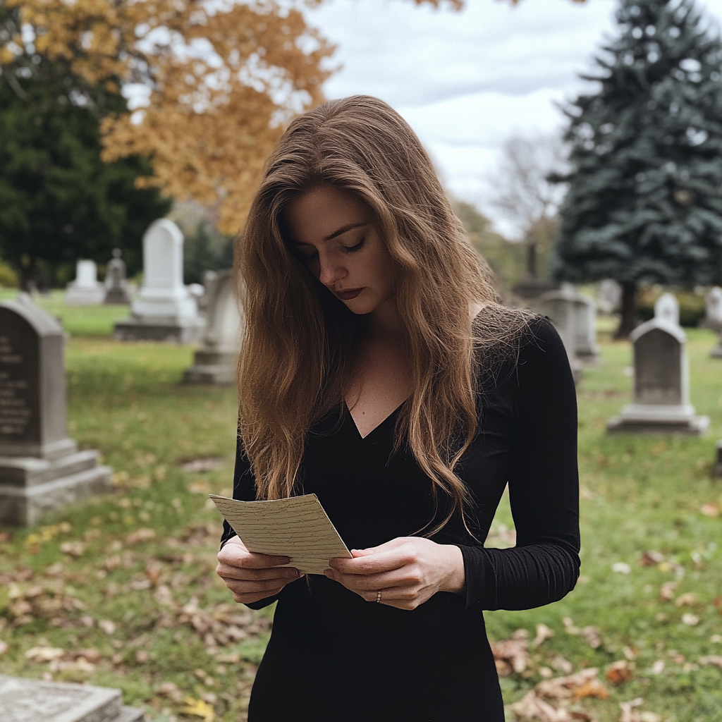 Une femme lisant une note dans un cimetière | Source : Midjourney