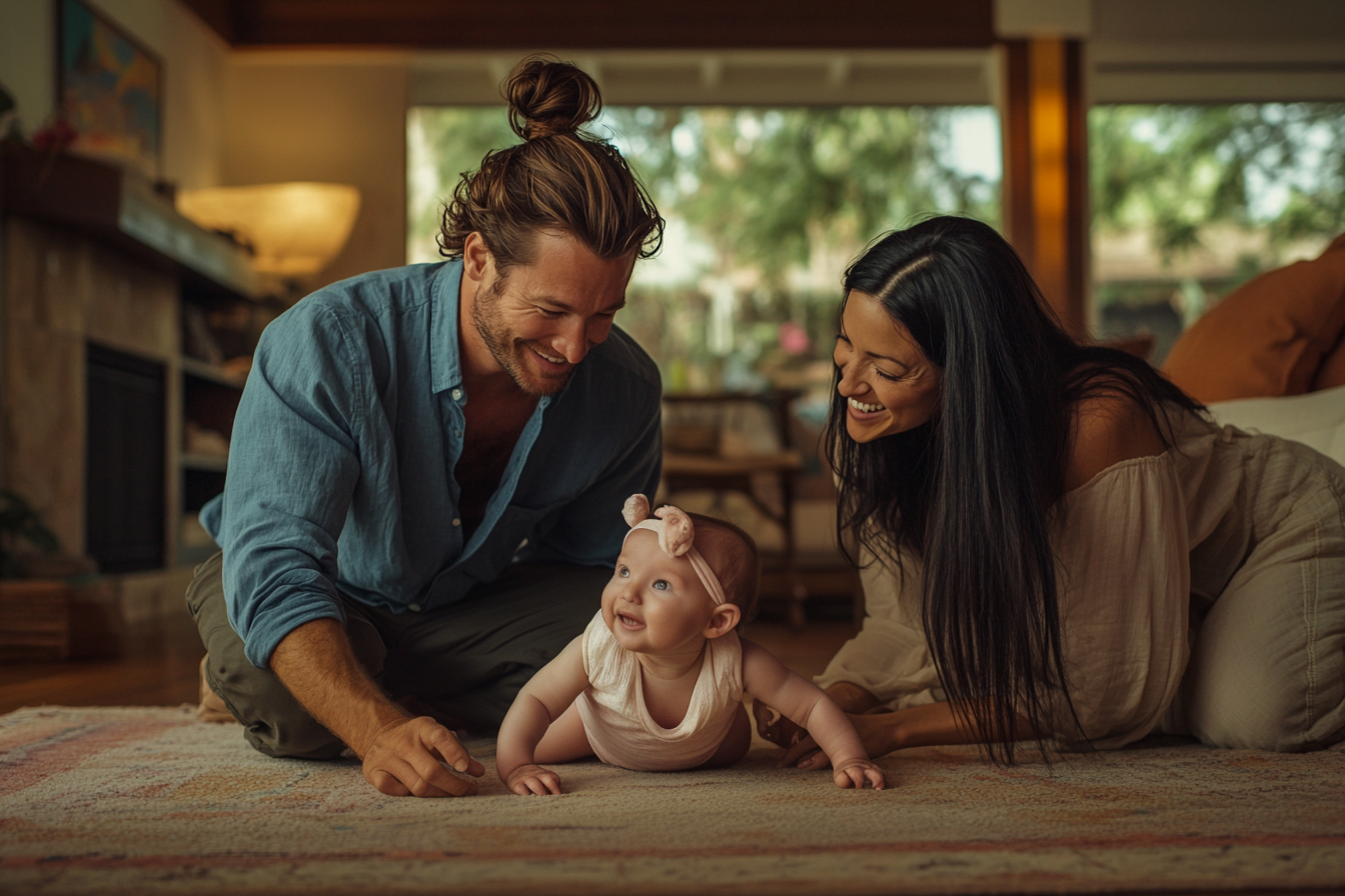 Un couple joue avec une petite fille sur le sol de leur salon | Source : Midjourney