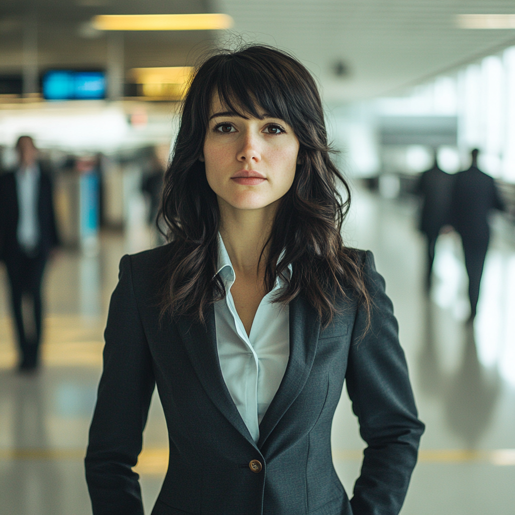 Une femme brune inquiète dans un aéroport | Source : Midjourney