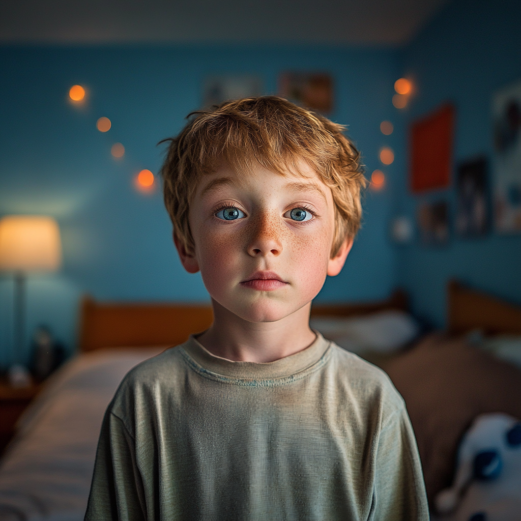 Un jeune garçon debout dans sa chambre | Source : Midjourney