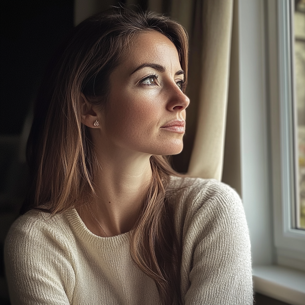 Une femme qui regarde par la fenêtre | Source : Midjourney