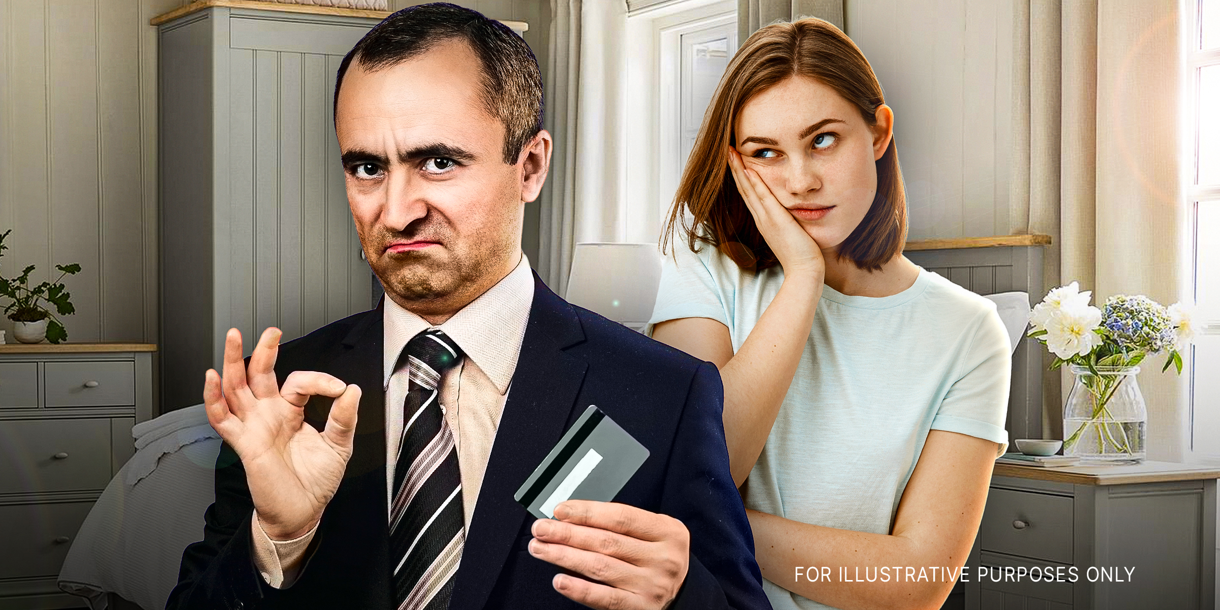 Un homme à l'allure arrogante tient une carte bancaire tandis qu'une femme à côté de lui a l'air ennuyé | Source : Shutterstock