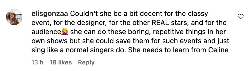 Commentaire d'une internaute sur la performance de Jennifer Lopez lors du spectacle 1001 d’Elie Saab à Riyad | Source : capture Instagram