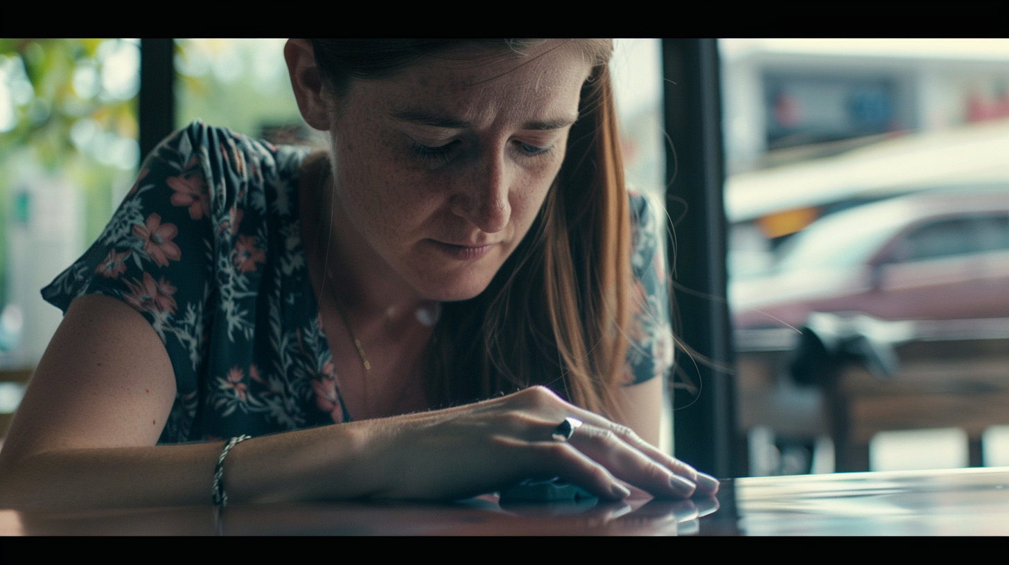 Une femme triste qui regarde sa bague | Source : Midjourney