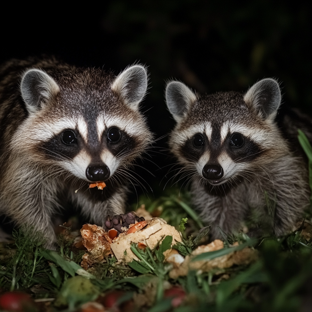 Un couple de ratons laveurs se servant de nourriture | Source : Midjourney