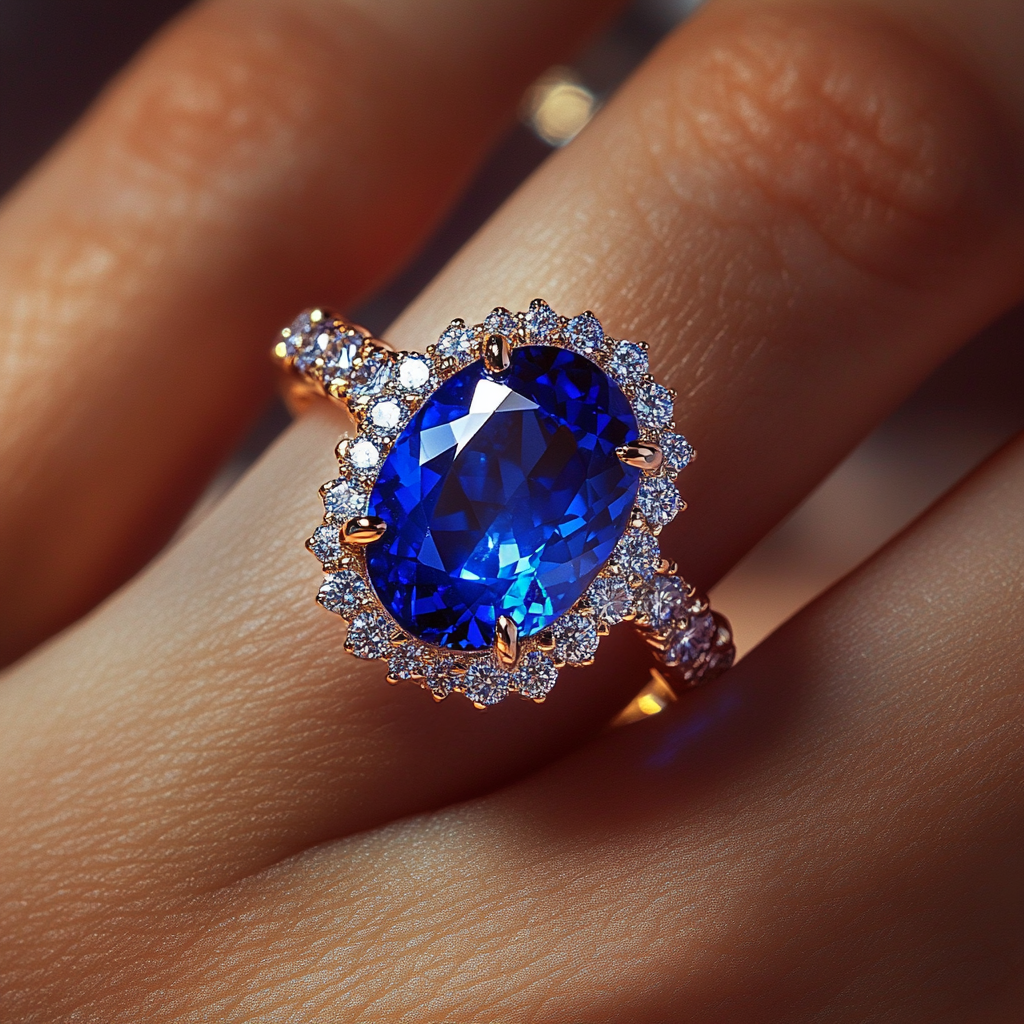 Gros plan sur une femme portant une superbe bague en saphir | Source : Midjourney