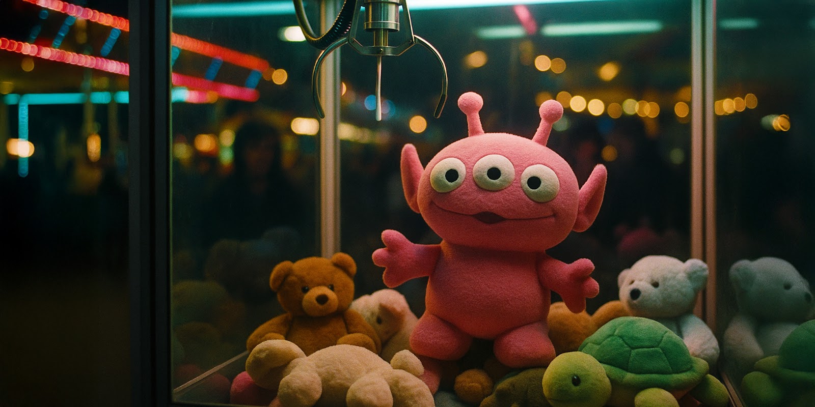 Jouets dans une machine à pinces. | Source : Sora