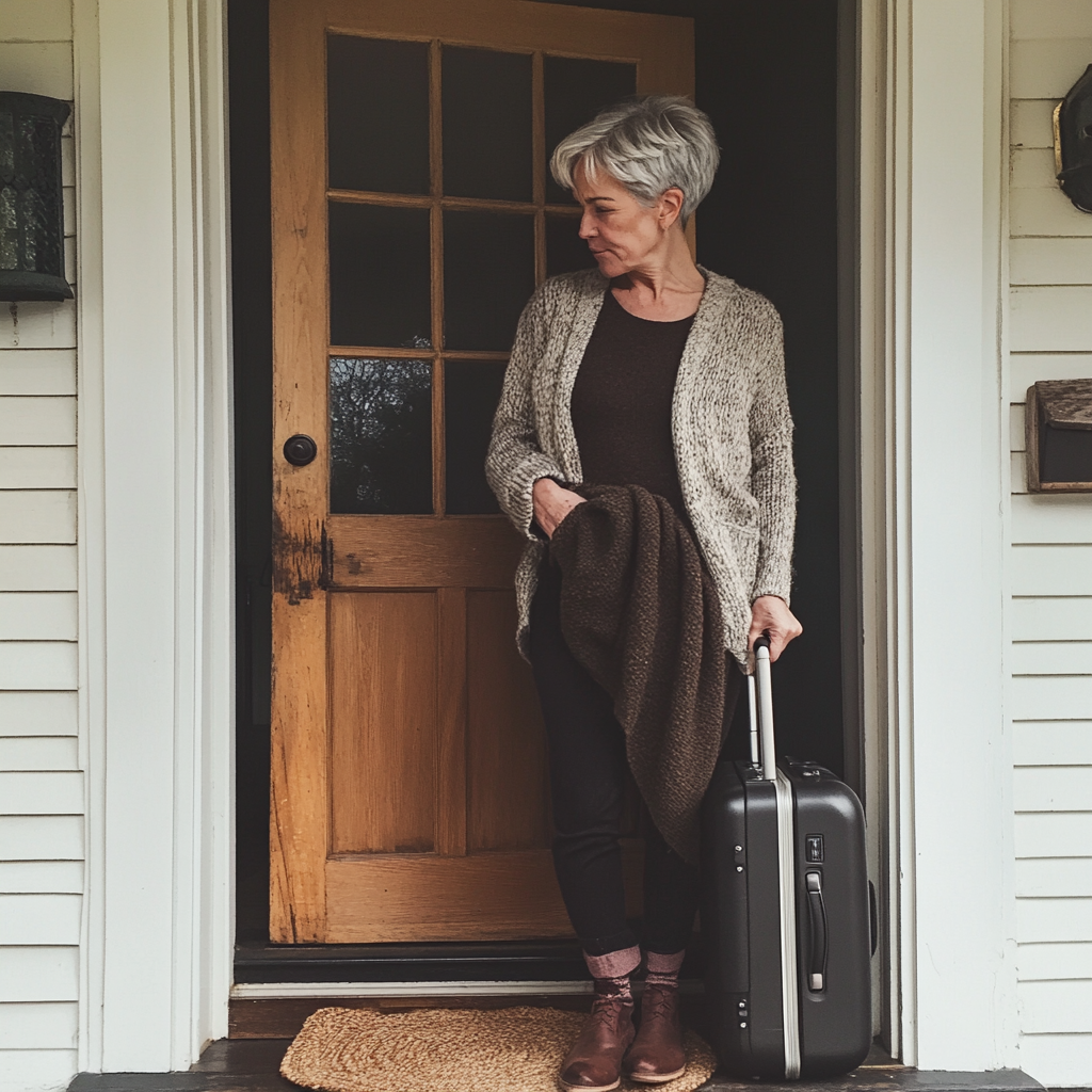 Une femme âgée debout devant une porte | Source : Midjourney