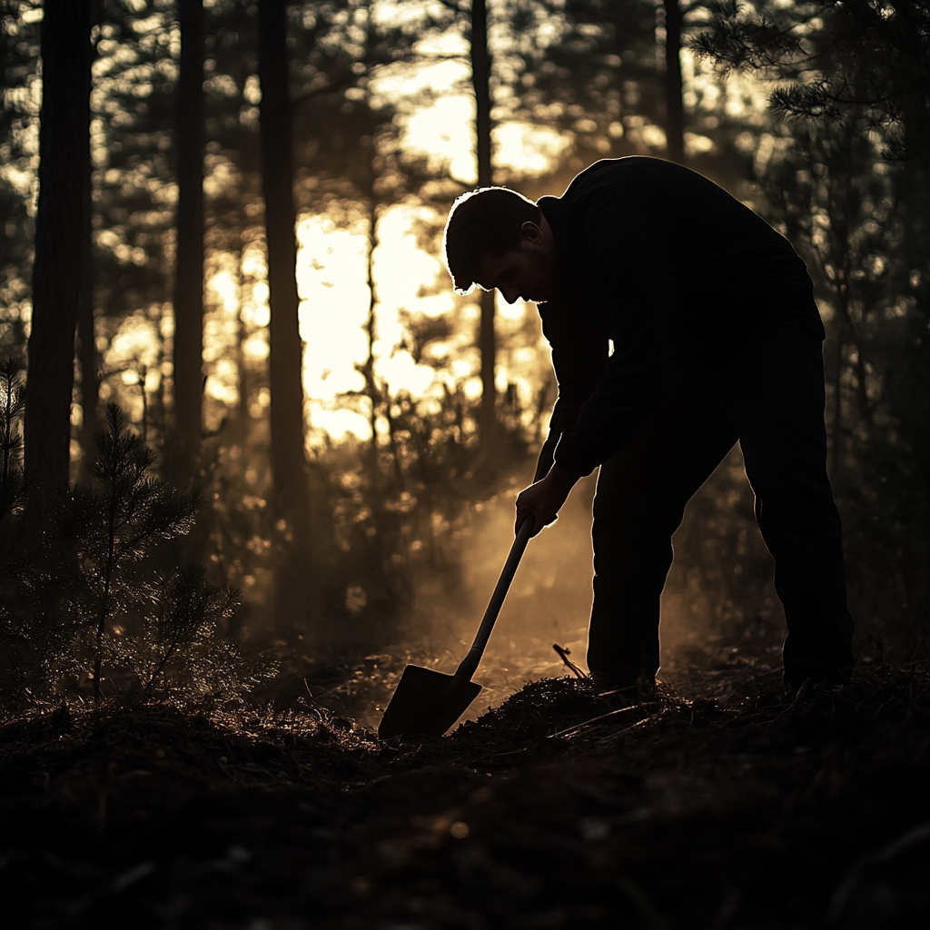 Un homme utilisant une pelle dans les bois | Source : Midjourney