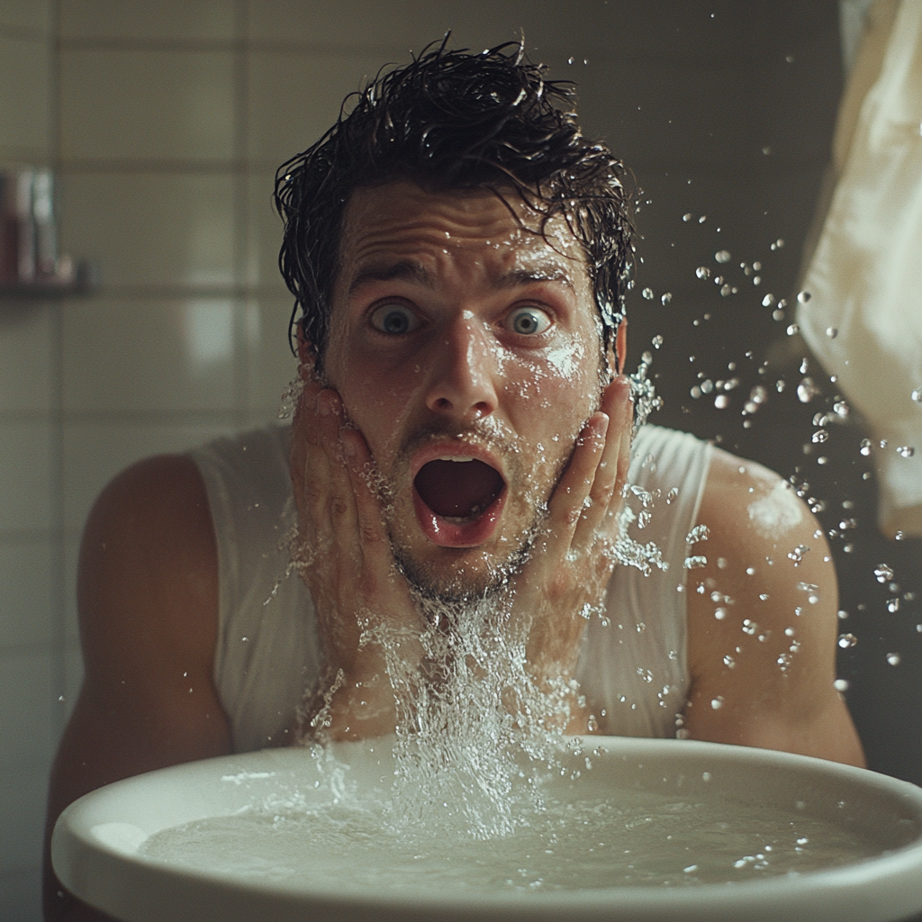 Un homme choqué s'asperge d'eau sur le visage | Source : Midjourney