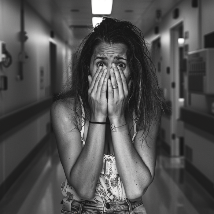 Une femme choquée et blessée debout dans un couloir d'hôpital | Source : Midjourney