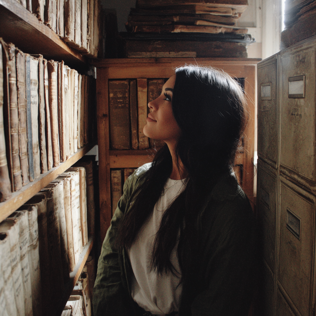 Une femme regardant une rangée de livres | Source : Midjourney