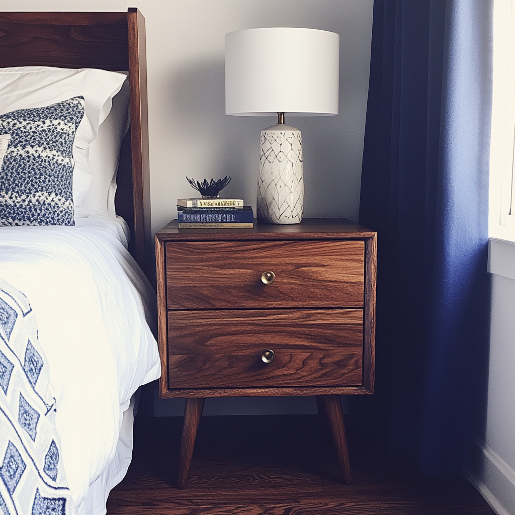 Une table de nuit en bois foncé dans une chambre à coucher | Source : Midjourney