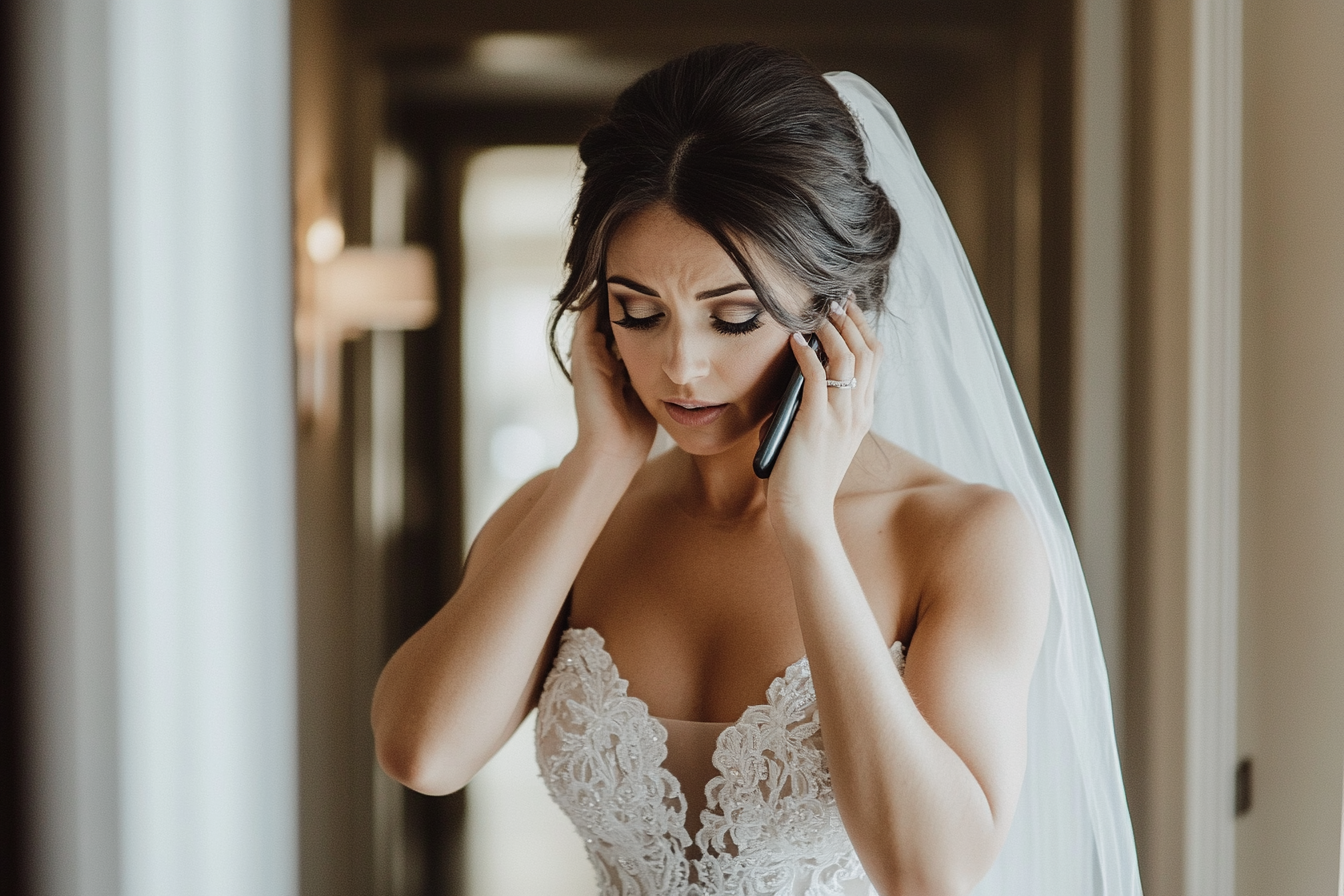 Une mariée inquiète qui parle sur son téléphone portable | Source : Midjourney