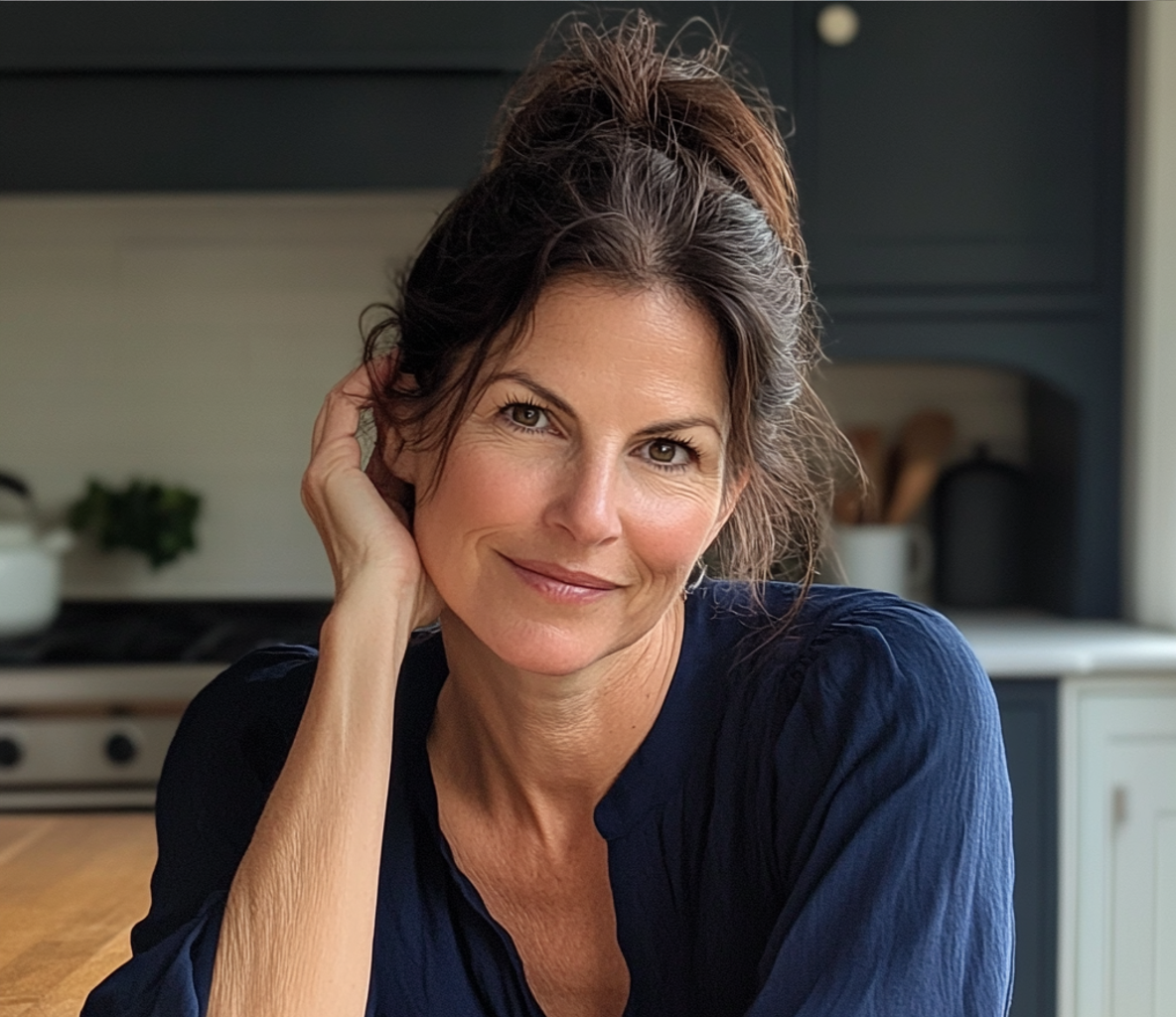 Une femme souriante assise à une table de cuisine | Source : Midjourney