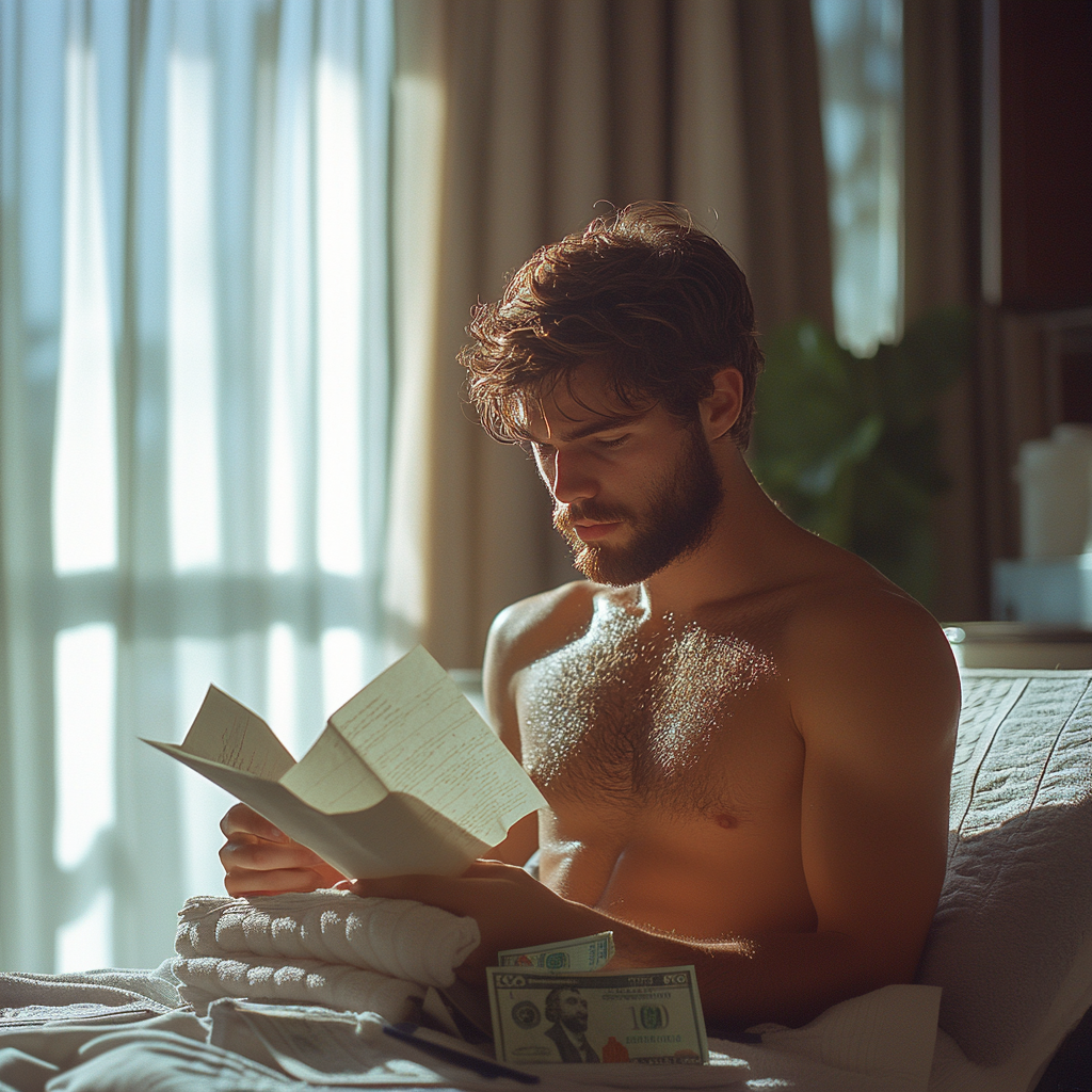Dan lisant la note de Sarah avec des billets de dollars éparpillés sur le lit | Source : Midjourney