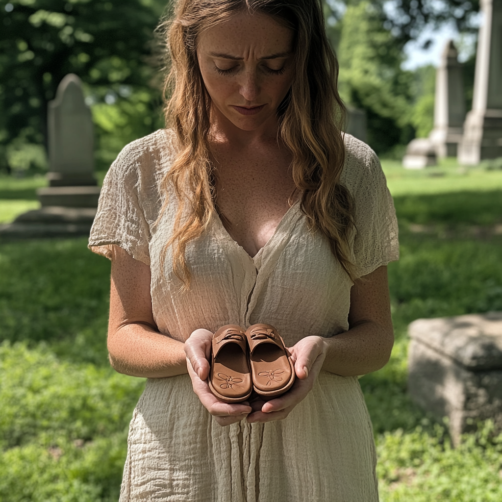 Une femme debout dans un cimetière tenant une paire de sandales | Source : Midjourney