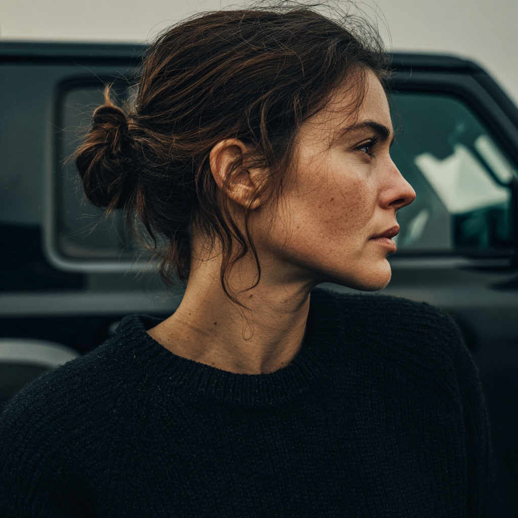 Une femme debout devant une voiture | Source : Midjourney