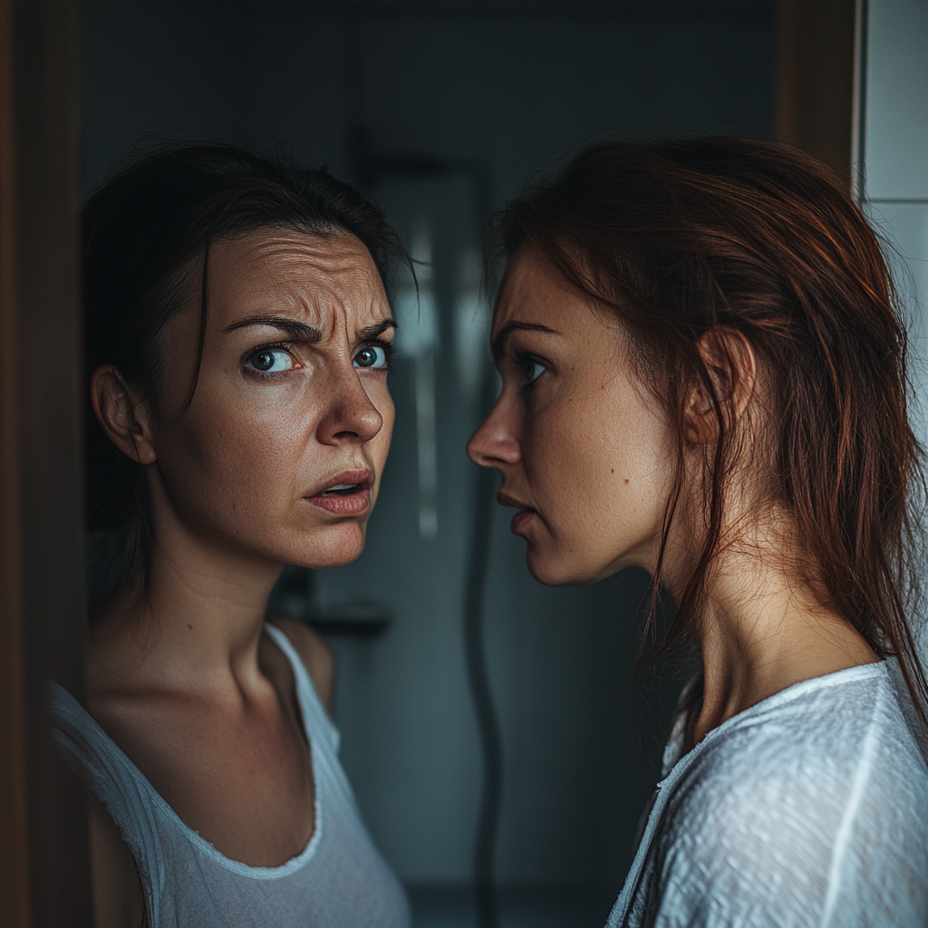 Deux femmes en colère discutent dans une salle de bain | Source : Midjourney