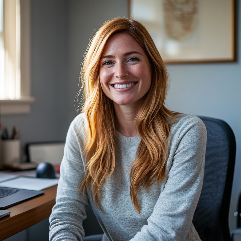 Une psychothérapeute souriante assise dans son bureau | Source : Midjourney