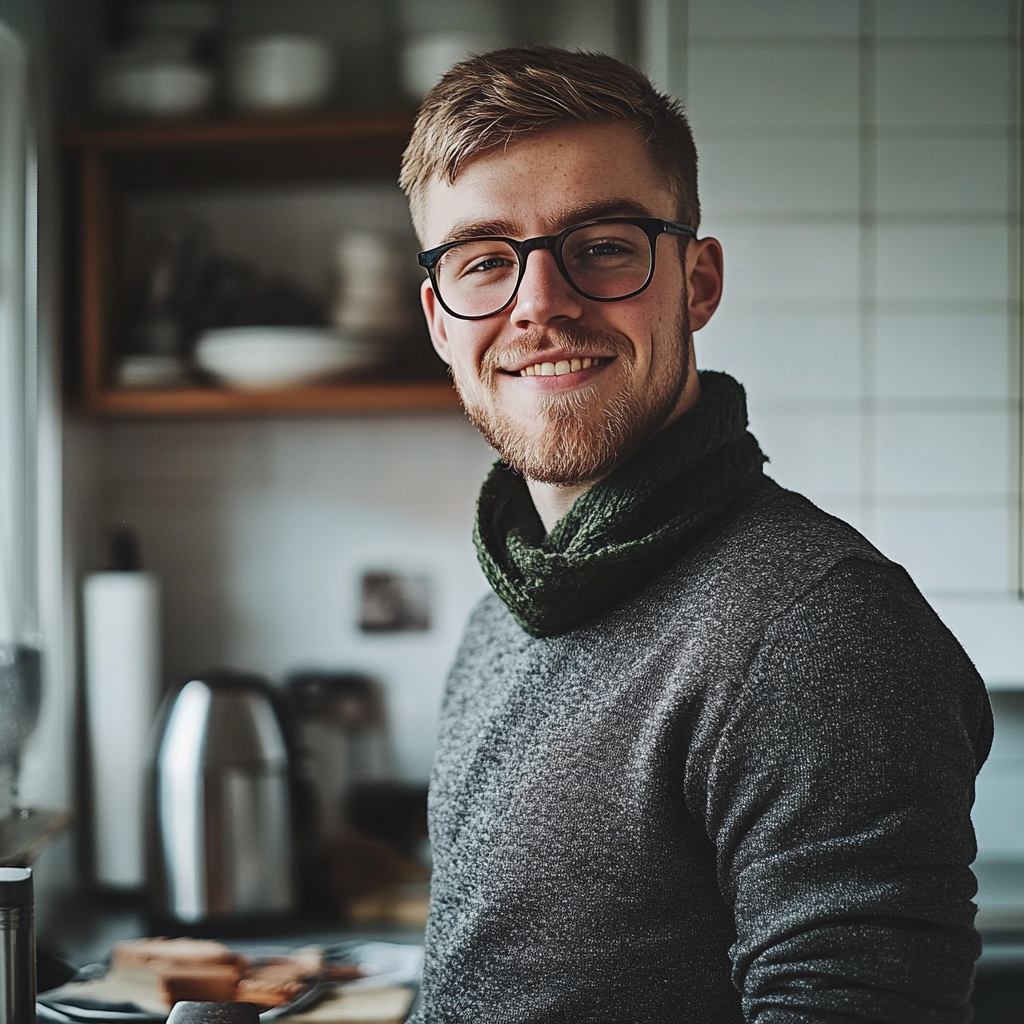 Un homme debout dans la cuisine, d'humeur joyeuse | Source : Midjourney