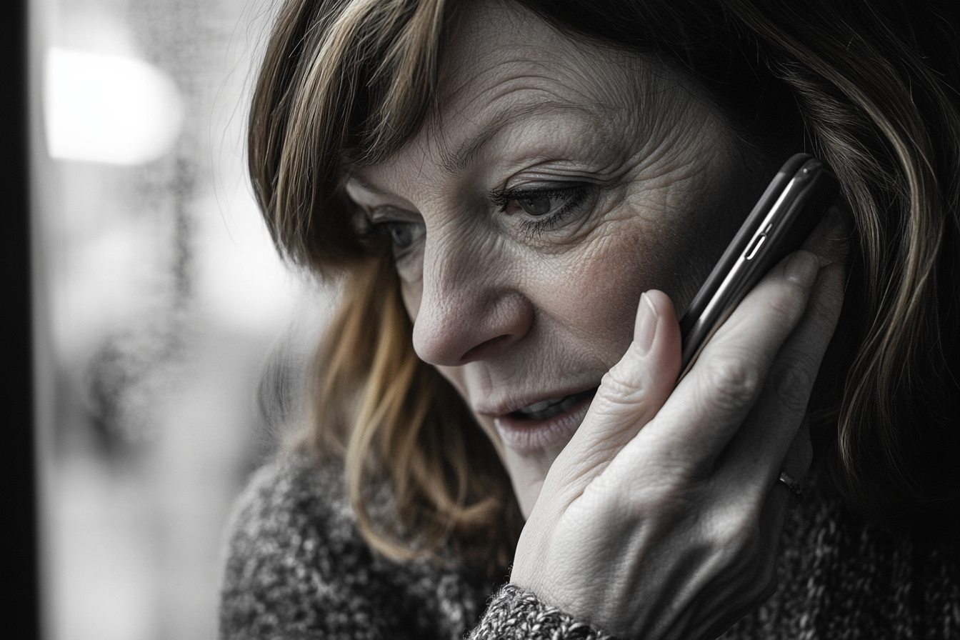 Une femme sérieuse qui parle au téléphone | Source : Midjourney