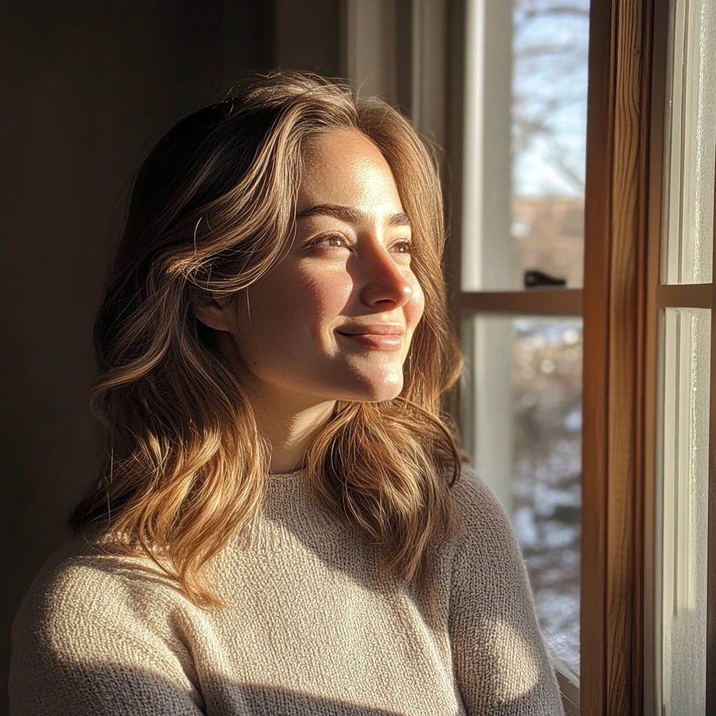 Une femme souriante qui regarde par la fenêtre | Source : Midjourney