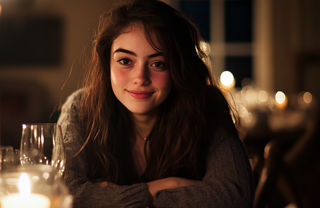 Une femme qui sourit pendant le dîner | Source : Midjourney