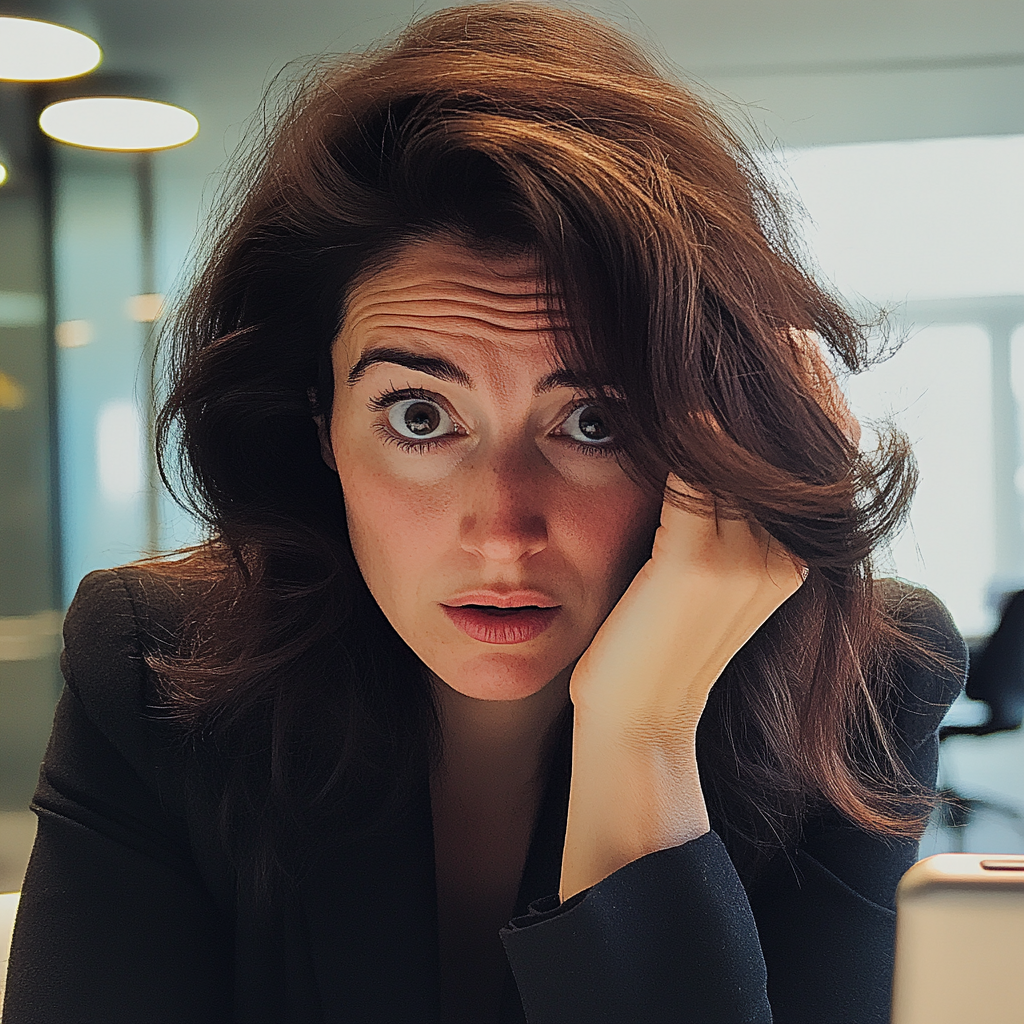 Une femme stressée assise à son bureau | Source : Midjourney