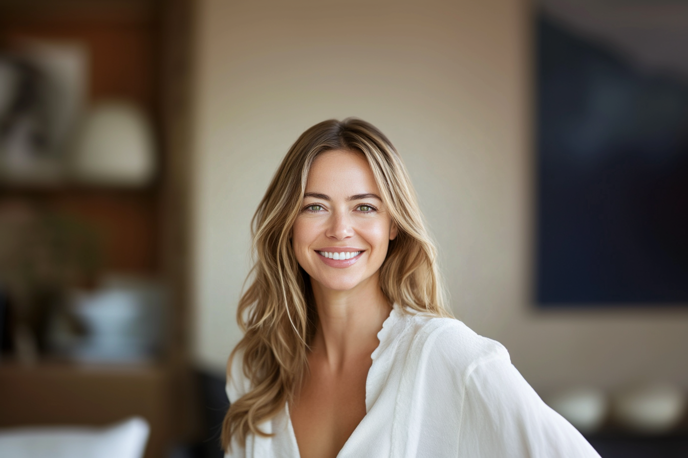 Une femme souriante dans un bureau | Source : Midjourney