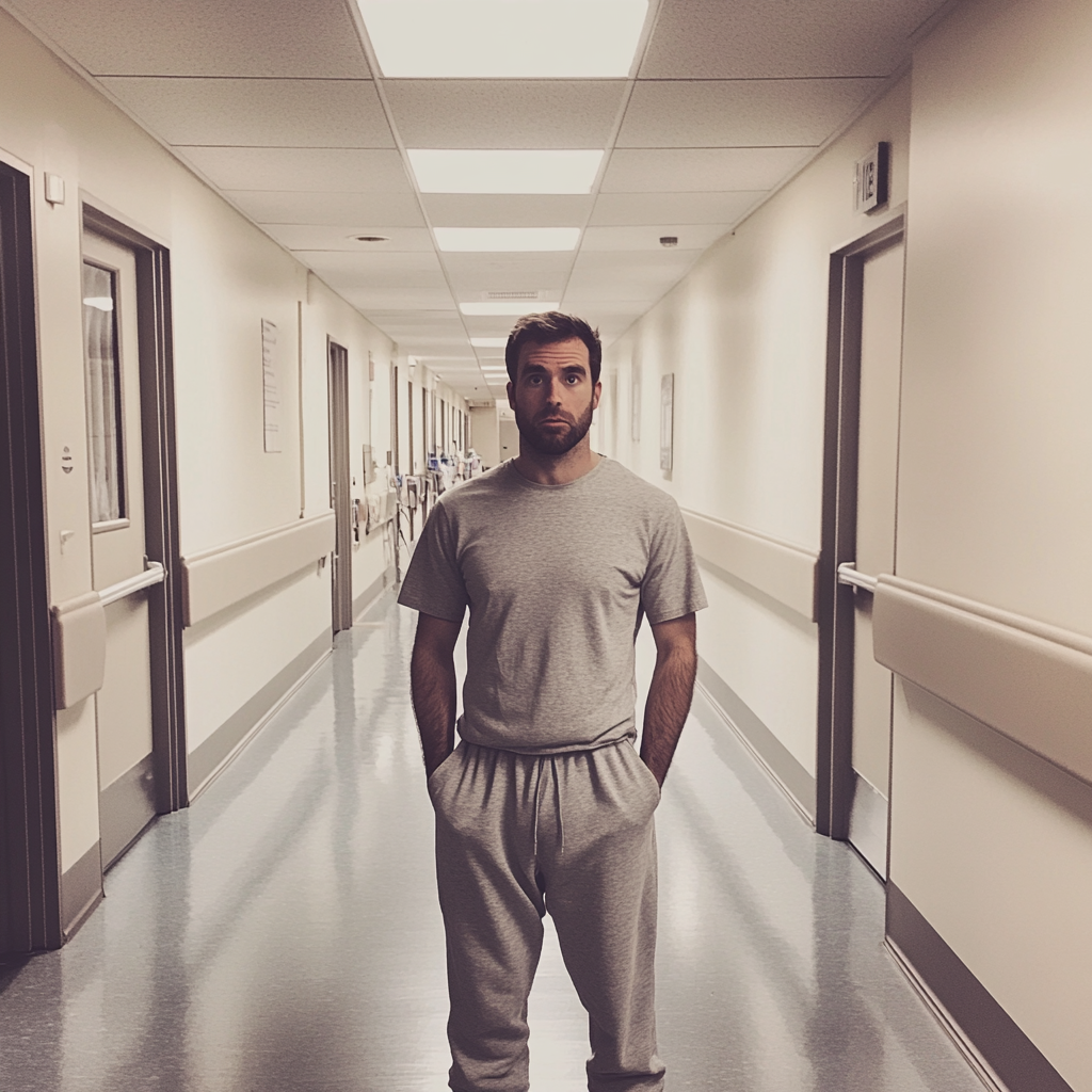 A shocked man in a hospital corridor | Source: Midjourney