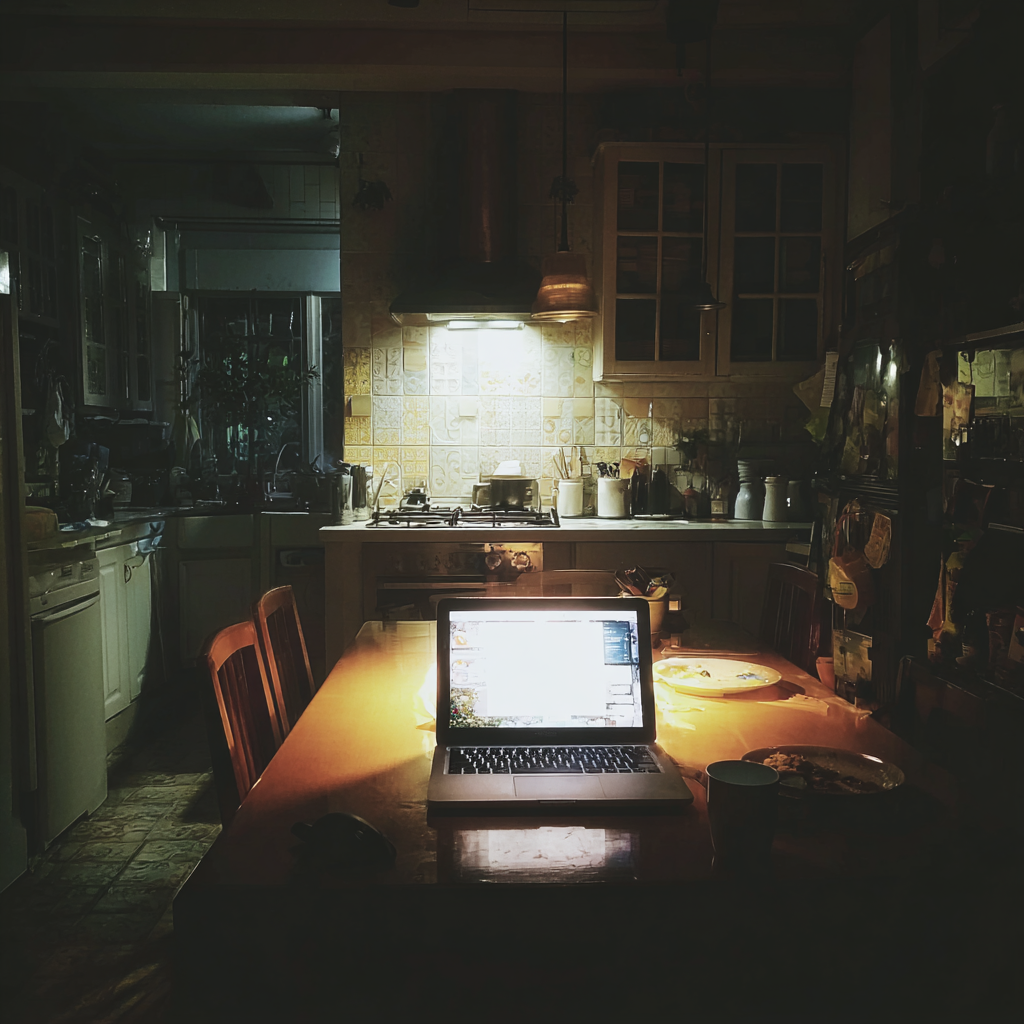 Un ordinateur portable ouvert sur une table de cuisine | Source : Midjourney