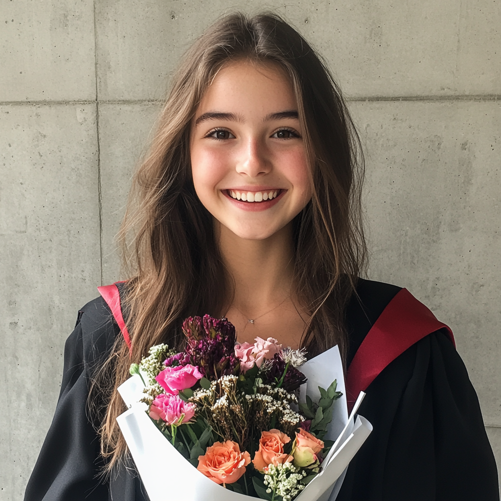 Une adolescente avec sa robe de fin d'études et des fleurs | Source : Midjourney