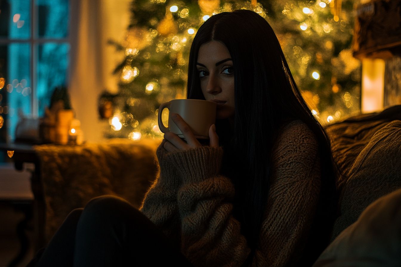 Femme sur un canapé sirotant un chocolat chaud à Noël | Source : Midjourney