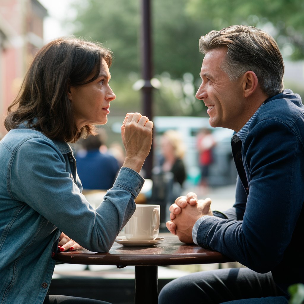 Une femme et un homme discutent autour d'une table de café | Source : Midjourney