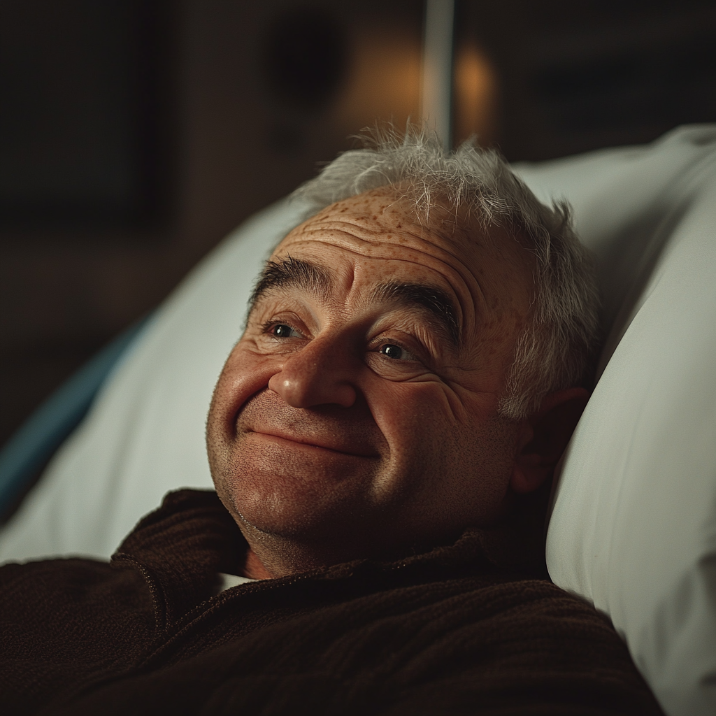 An emotionally overwhelmed elderly man lying in a hospital bed | Source: Midjourney