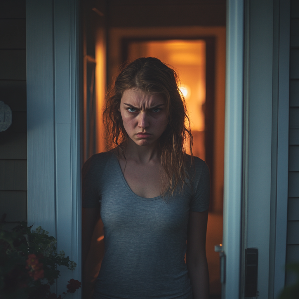 Une femme en colère debout dans l'embrasure de sa porte | Source : Midjourney