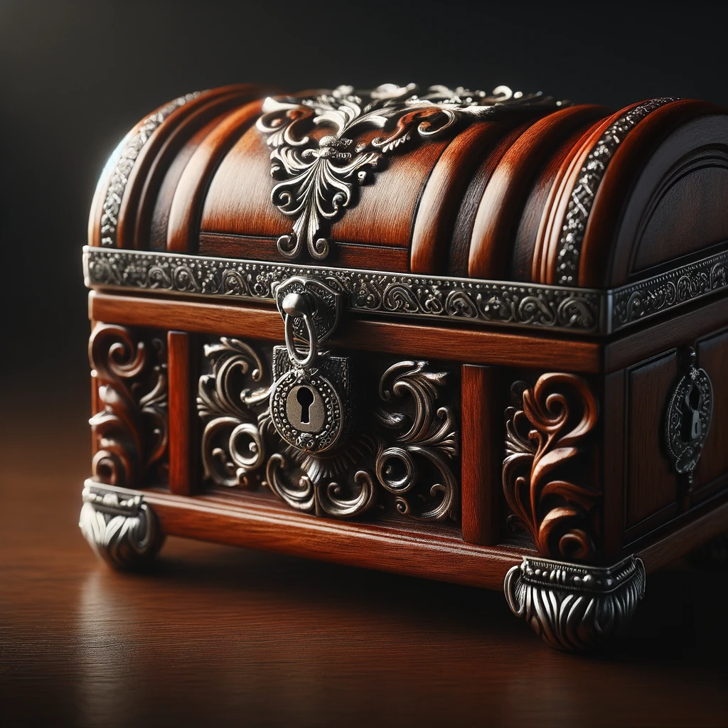Un petit coffre orné fabriqué en bois poli via AI | Source : DALL-E